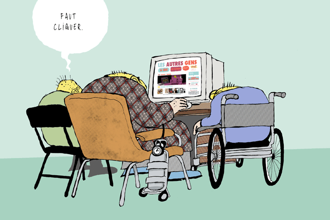 Des personnes âgées en fauteuils, réunies autour d'un ordinateur. L'un d'eux dit "faut cliquer".